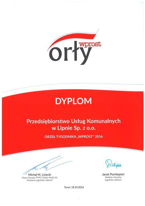Przedsiębiorstwo Usług Komunalnych w Lipnie Sp. z o.o. zostało laureatem nagrody Orły Tygodnika „WPROST ”