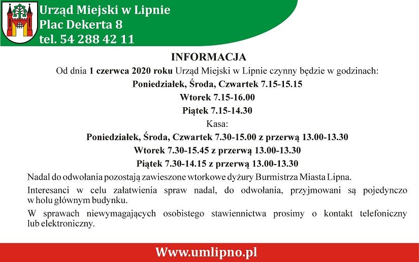 Informacja o godzinach pracy Urzędu Miejskiego w Lipnie