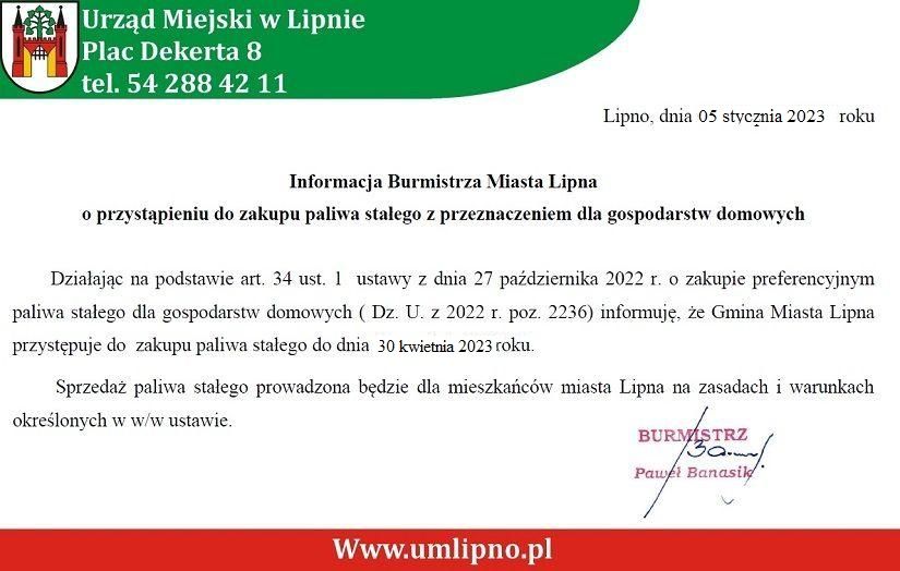 Informacja Burmistrza Miasta Lipna o przystąpieniu do zakupu paliwa stałego z przeznaczeniem dla gospodarstw domowych