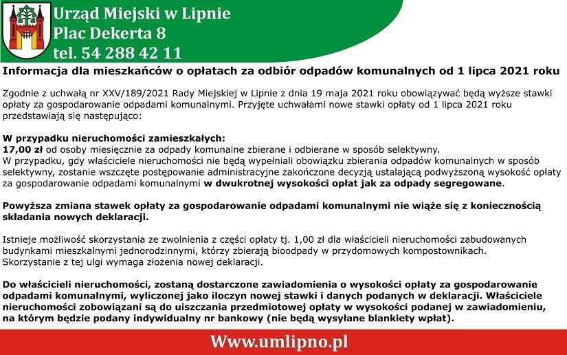 Informacja dla mieszkańców o opłatach za odbiór odpadów komunalnych od 1 lipca 2021 roku
