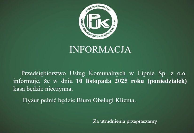 Informacja - Przedsiębiorstwo Usług Komunalnych w Lipnie