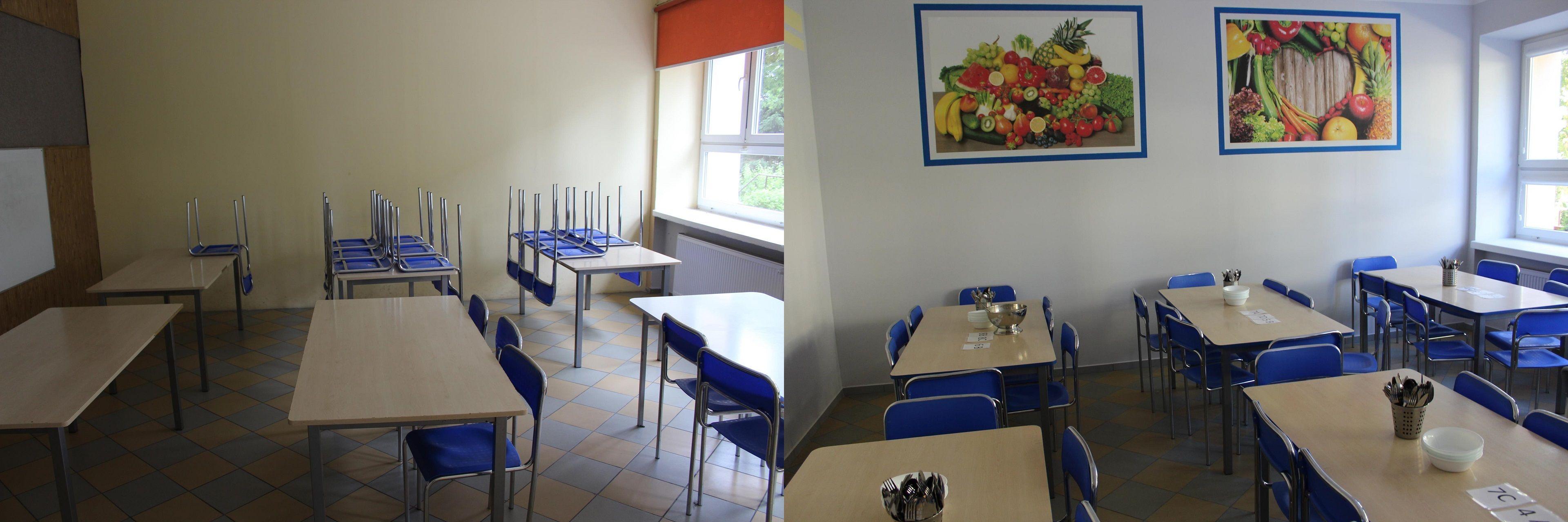 Obrazek porównawczy przed i po remoncie stołówki w Szkole Podstawowej nr 3 w Lipnie - kliknięcie spowoduje powiększenie zdjęcia