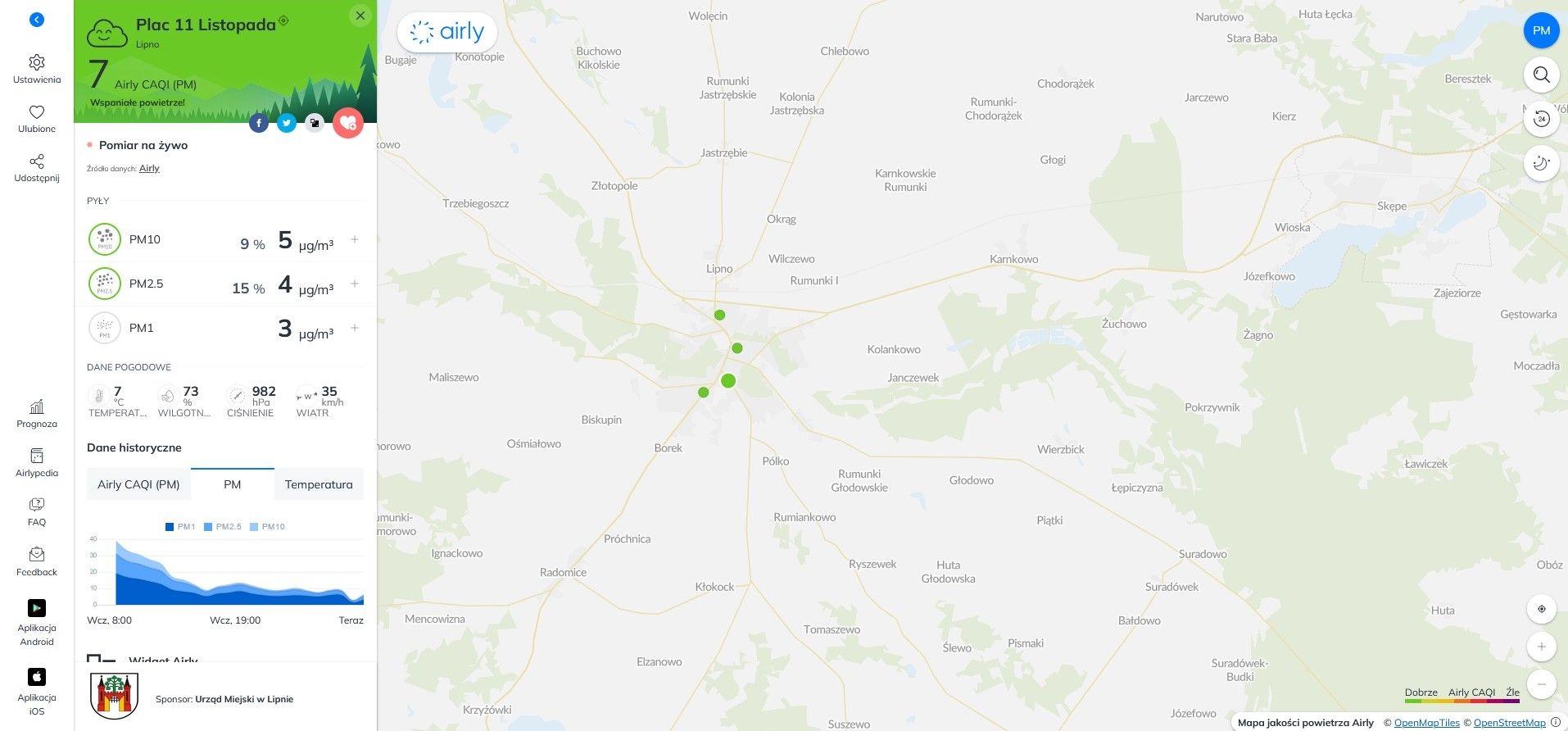 Strona internetowa Airly monitorująca jakość powietrza w Lipnie